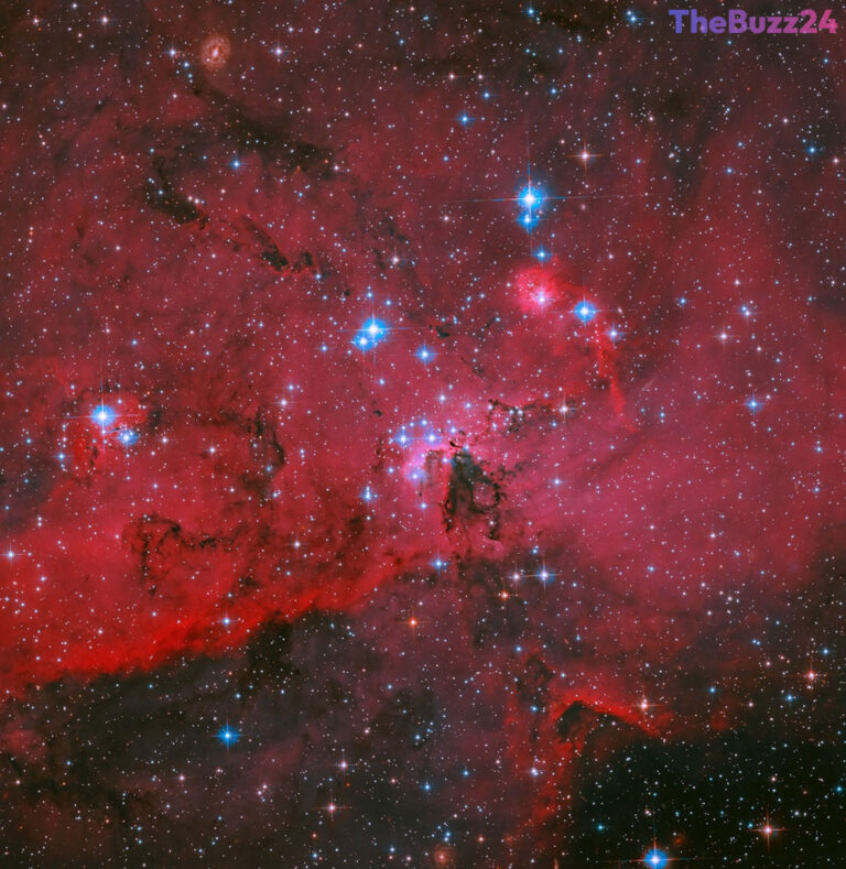Cosmic Fireworks: Hubble Captures Stellar Nursery Glowing in Crimson and Blue
