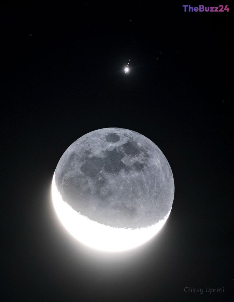 Rare Celestial Alignment: Jupiter and Its Galilean Moons Photographed Alongside Earth’s Moon